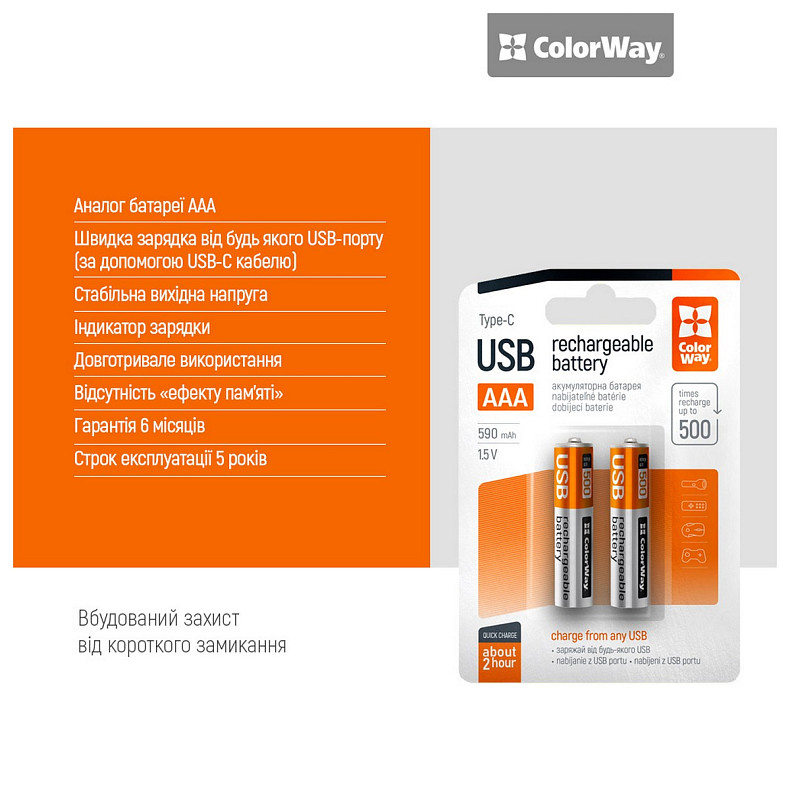 Акумулятор USB-C ColorWay (CW-UBAAA-09) AAA/HR03 Li-Pol 590 mAh BL 2шт