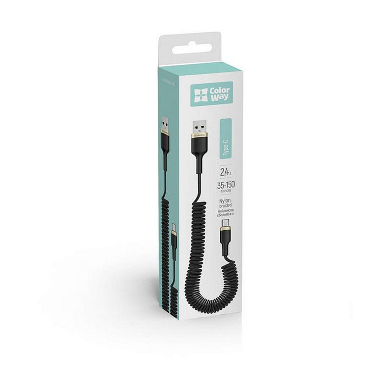 Кабель ColorWay USB-USB Type-C, spiral, 2.4А, 1м, Black (CW-CBUC051-BK)