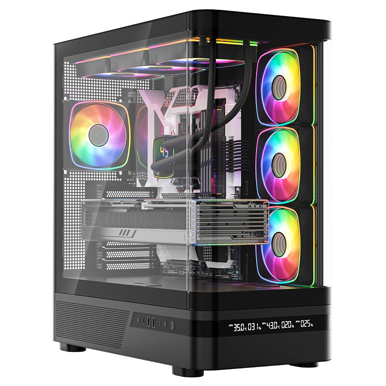 Корпус Modecom VOLCANO AQ200 ARGB MIDI FRONT LCD, 4x120mm fans BLACK без БЖ ATX