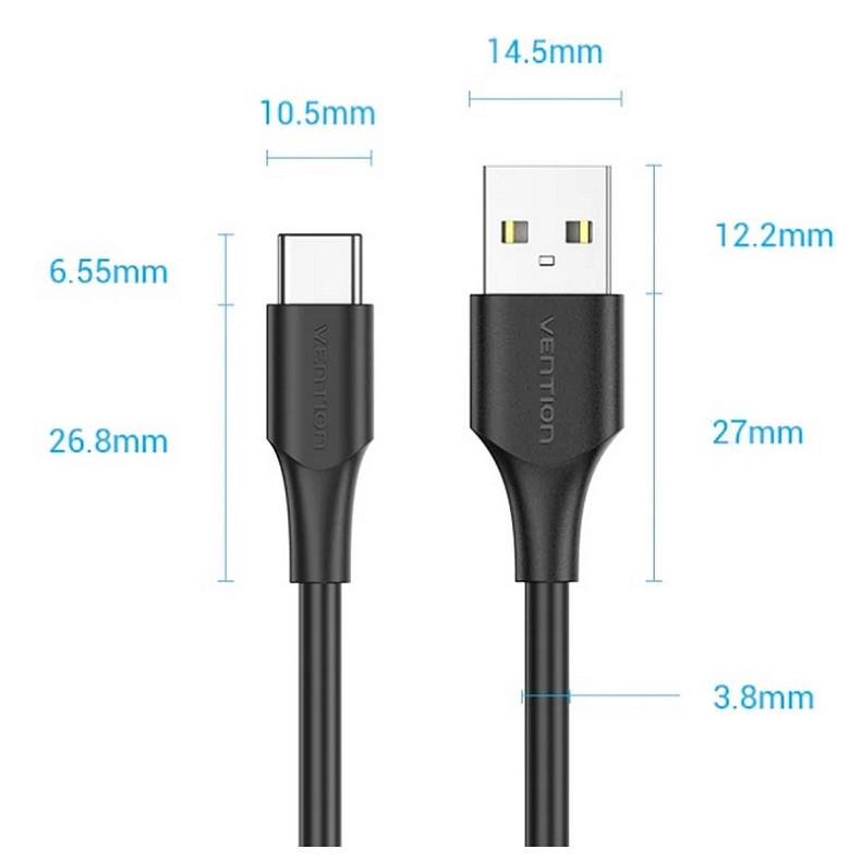 Кабель USB 2.0 AM-Type-C M, 1.5 м, 3.0A, (18W) PVC чорний Vention