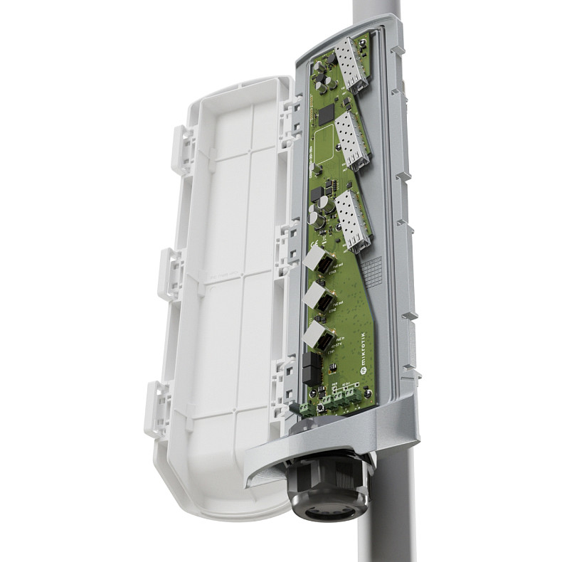 Комутатор Mikrotik CSS606-1G-2Gi-3S+OUT, GPERx6 with 3xGig Eth ports, 3xSFP+ cages, SwOS, outdoor en