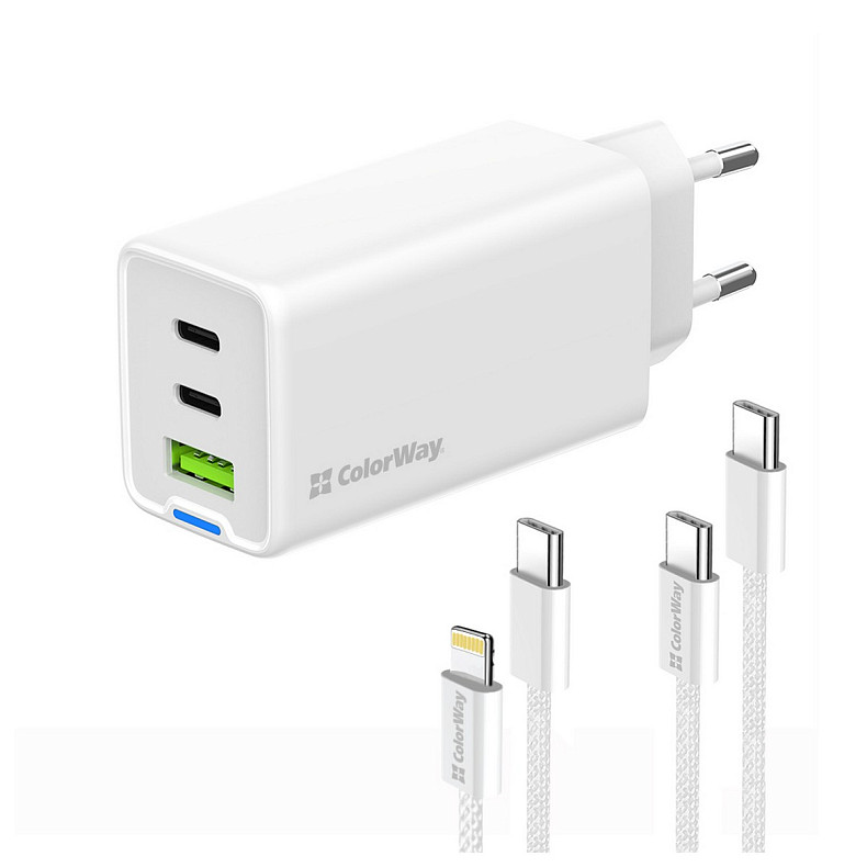 Сетевое зарядное устройство ColorWay GaN Mini 65W PD Port PPS USB (USB-2C1A) White (CW-CHS058PDCL-WT