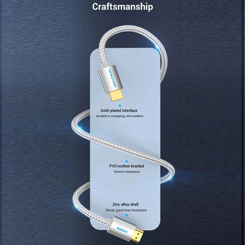 Кабель HDMI M-M, 3.0 м, V2.0, 4K 60Гц, оплетка, Silver Metal Type Vention