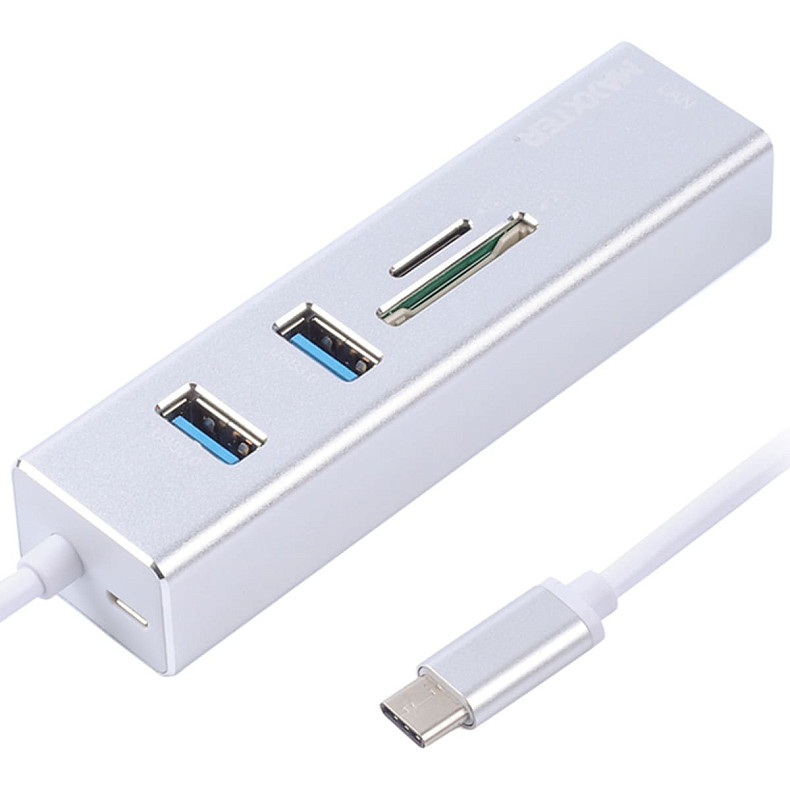 USB-хаб USB на Gigabit Ethernet, 2 Ports USB 3.0 + microSD/TF картридер, 1000 Mbps, метал, сірий