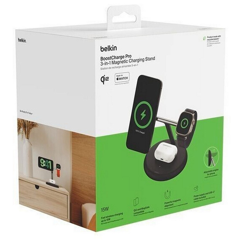 Зарядний пристрій бездротовий Belkin 3в1 Magnetic Adjustable Pad Qi2 15Вт, чорний
