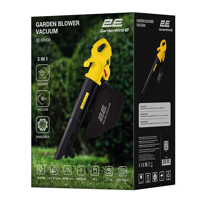 Воздуходув-пылесос садовый сетевой 2Е GardenWind 3000Вт 3в1 250км/час мешок 40л 2.7кг