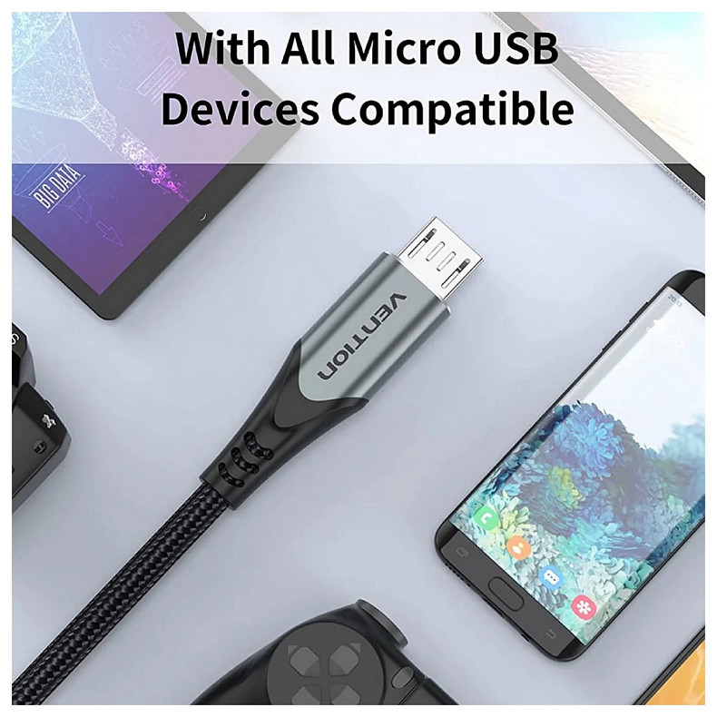 Кабель USB2.0 AM-Micro BM, 0.25 м, 3.0A, (18W) PVC Gray Aluminum  Alloy Vention