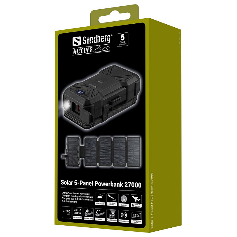 Універсальна мобільна батарея  сонячна 5-Panel 8W Sandberg PD 27000 mAh, 2xUSB-A, USB-C In/Out