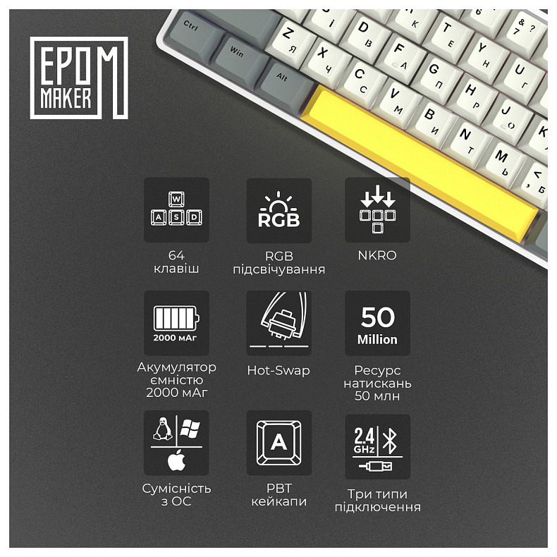 Клавиатура Epomaker EP64 60% Mulan Switch Hot-Swap (2.4G/BT/USB) RGB UA White (EP64-W-M