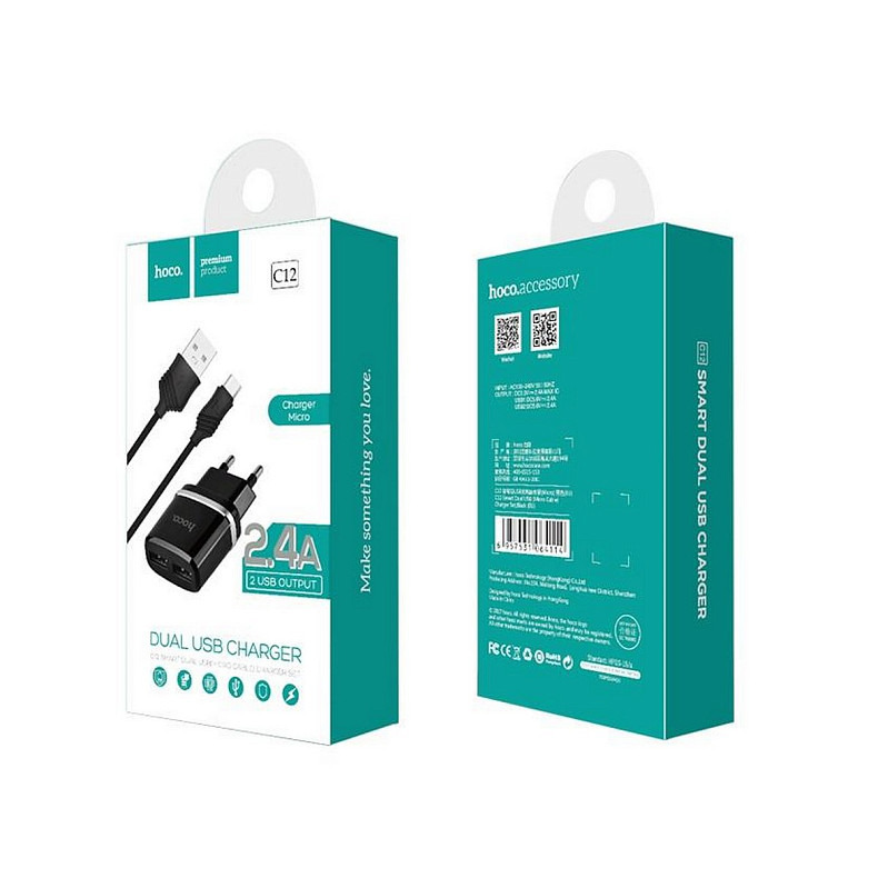 Зарядний пристрій Hoco C12 Smart (2USB, 2.4А) Black (6957531064114) + кабель MicroUSB