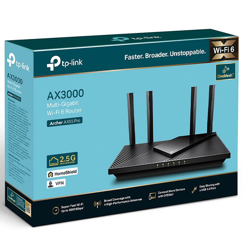 Wi-Fi Роутер TP-LINK ARCHER AX55 Pro AX3000 3xGE LAN 1xGE WAN/LAN 1x2.5GE WAN/LAN 1xUSB 3.0 MU-MIMO