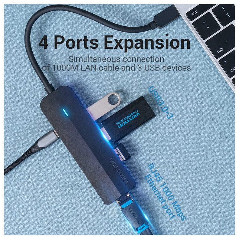 Хаб USB 3.1 Type-C -> 3xUSB 3.0+MicroUSB+RJ45 100M Ethernet чорний Vention