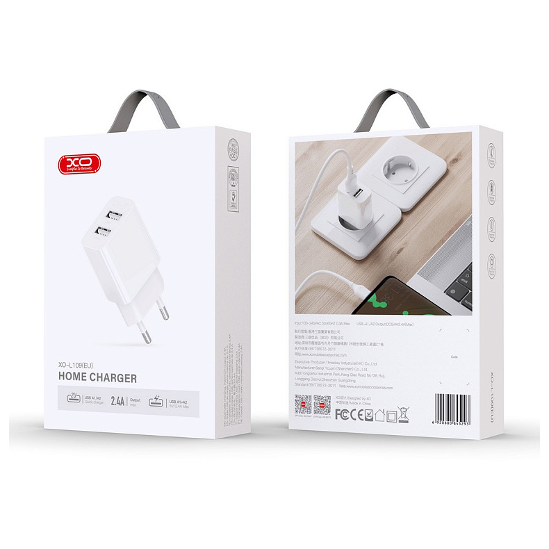 Зарядний пристрій XO L109 (2USB, 2.4А) White (L109.white)