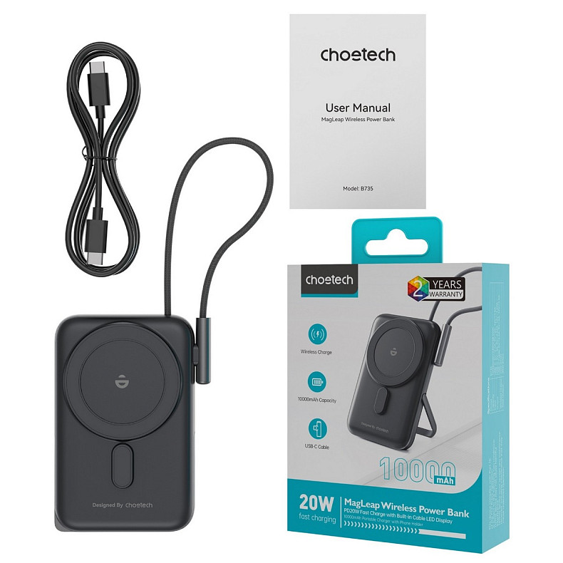 УМБ Choetech Magnetic Wireless 10000mAh 20W PD USB-C In/Out, Qi-15W, build-in cabel Black