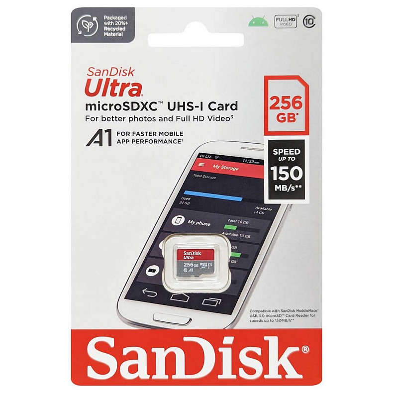 Карта пам'яті SanDisk microSD  256GB C10 UHS-I R150MB/s Ultra