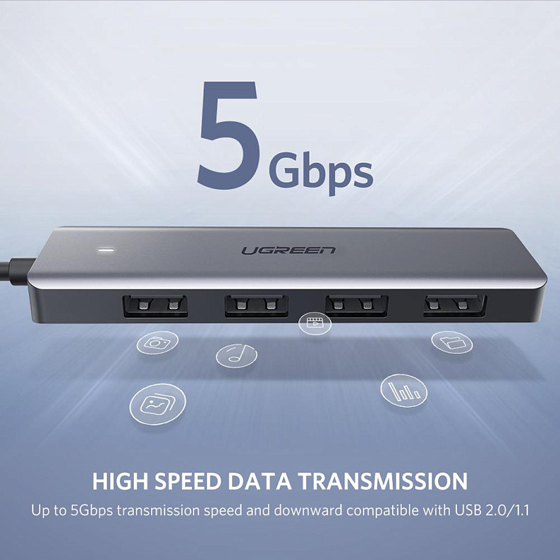 Хаб Ugreen CM219 USB 3.0 -> 4xUSB 3.0 active, с питанием Type-C, 15см