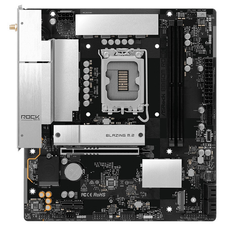 Материнская плата AsRock B860M ROCK WIFI (1851/B860, 2*DDR5, 2*PCIex16, HDMI/DP, 4xSATA, 2xM.2, 2.5Glan, 7.1ch, mATX)