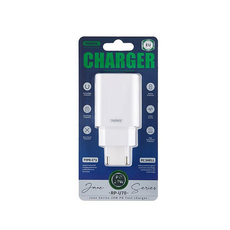 Мережевий зарядний пристрій Remax Jane Series 20W RP-U70 W (1USB 3А) White