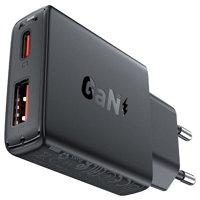 Зарядний пристрій 2xUSB 30W (USB-C+USB-A) Gan A69 ultra-thin Fast Charger Black Acefast
