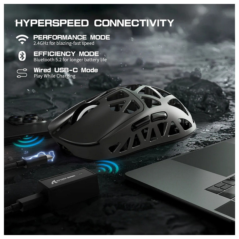 Мишка Attack Shark R2, Wireless/Bluetooth, 42000dpi. (PAW3950), 6кн., Silver gray