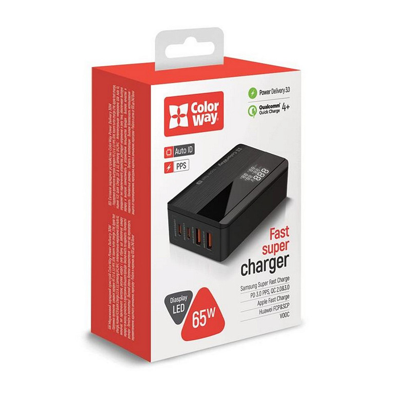 Сетевое зарядное устройство ColorWay Power Delivery (2USB-A + 2USB TYPE-C) (65W) Black (CW-CHS040PD-