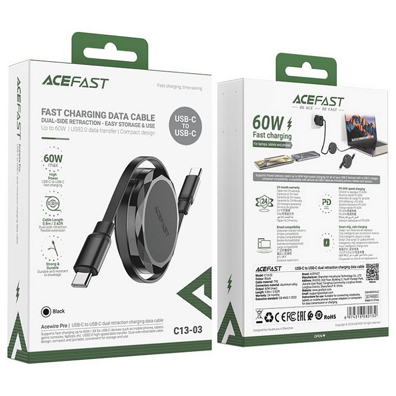 Кабель USB 2.0 USB-C to USB-C, 0.8 м, 60W, 3.0A, dual retraction Black, C13-03 Acefast