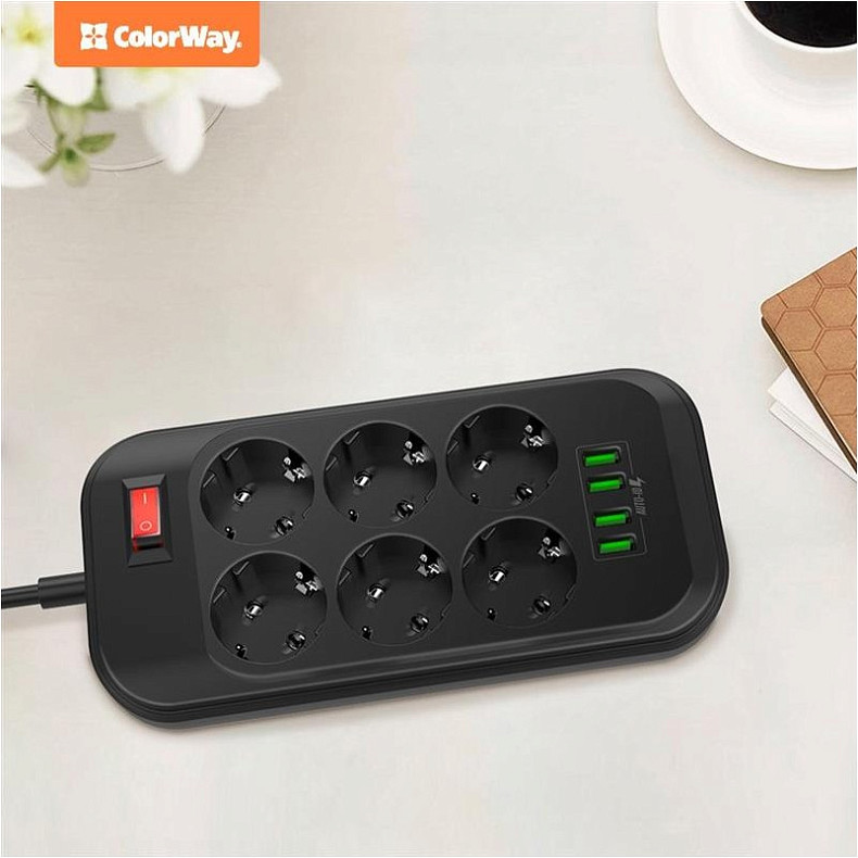 Фільтр живлення СolorWay 6 розеток, 4xUSB, 2м, Black (CW-CHE64B)