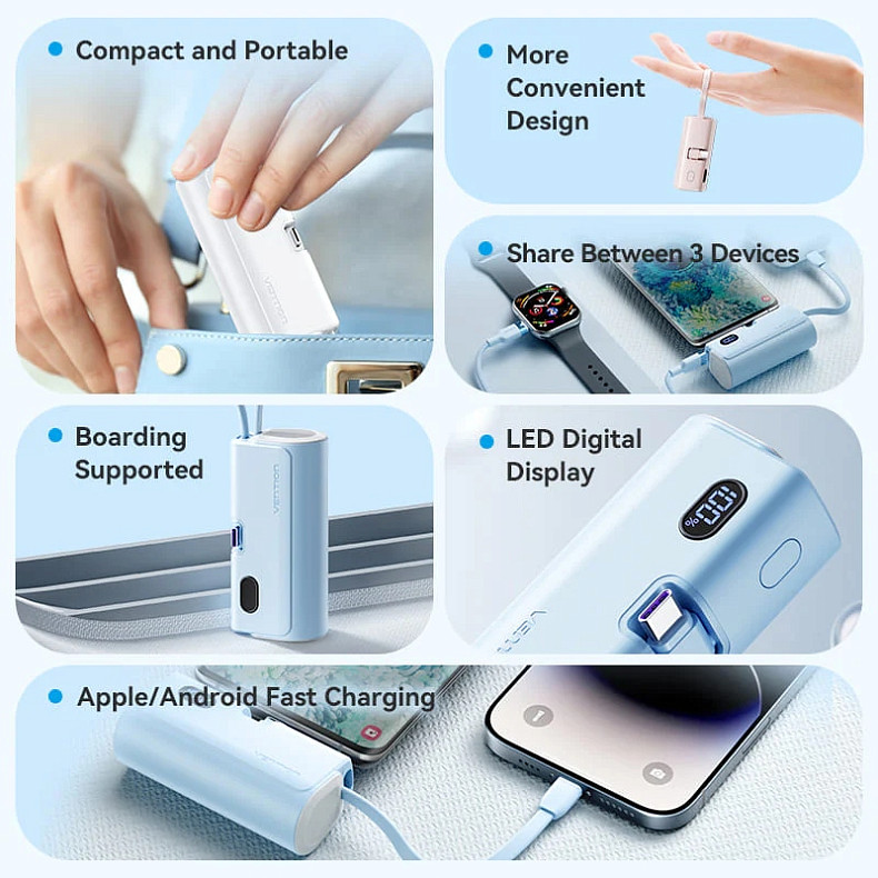 УМБ Vention 4800mAh 22,5W PD, USB-C In/Out, LED display, with built-in USB-C cable Black