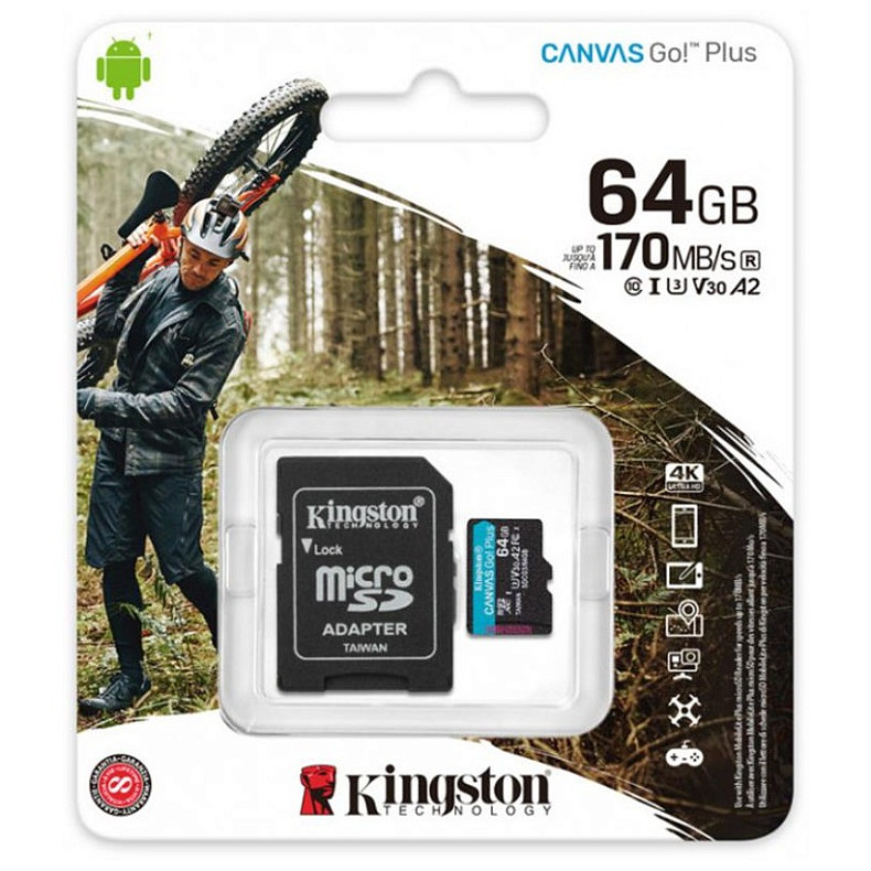 Карта памяти Kingston 64GB MicroSDXC UHS-I/U3 Class 10 Canvas Go! Plus R170/W70MB/s + SD-адаптер (SDCG3/64GB)