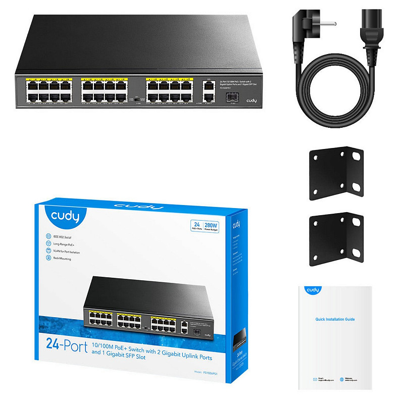 Коммутатор Cudy FS1026PS1, 24 порт10/100M PoE+ Switch with 2 Gigabit Port+ 1SFP 300W
