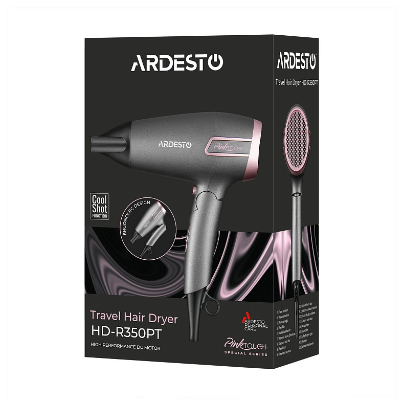 Фен Ardesto Pink Touch, 2000Вт, 2 швидкості, 2 темп.режими, складана ручка, сірий+рожевий