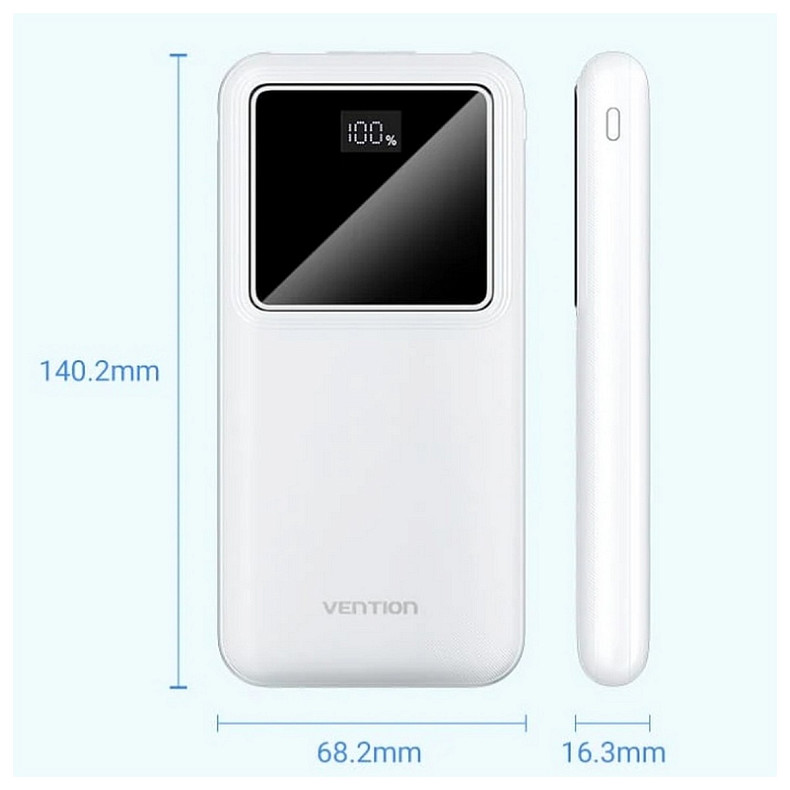 УМБ Vention 10000mAh 22.5W 3A PD, QC3.0, Micro-USB, USB-C, 2x USB-A, LED Display, White
