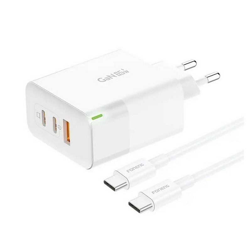 Зарядний пристрій Foneng USB-A 2xUSB-C GaN 65W White (GAN65) + кабель USB-C