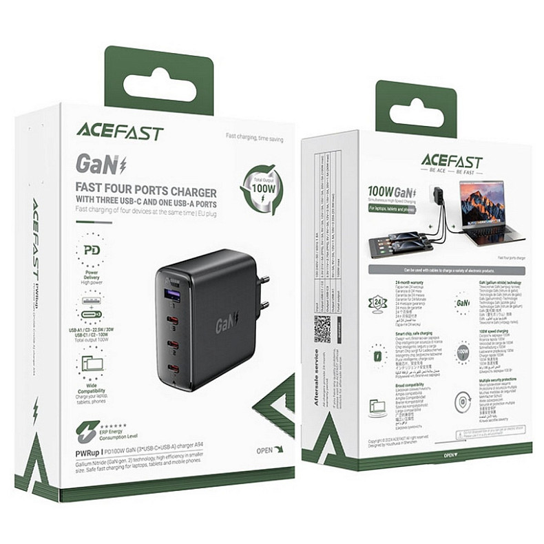 Зарядний пристрій 4xUSB 100W (3xUSB-C+USB-A) Gan A94 Fast Charger Black Acefast