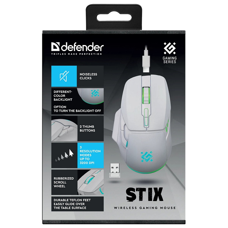 Мишка Defender Stix GM-009, бездротова, 7кн. 3200 dpi, 500 мАh, біла