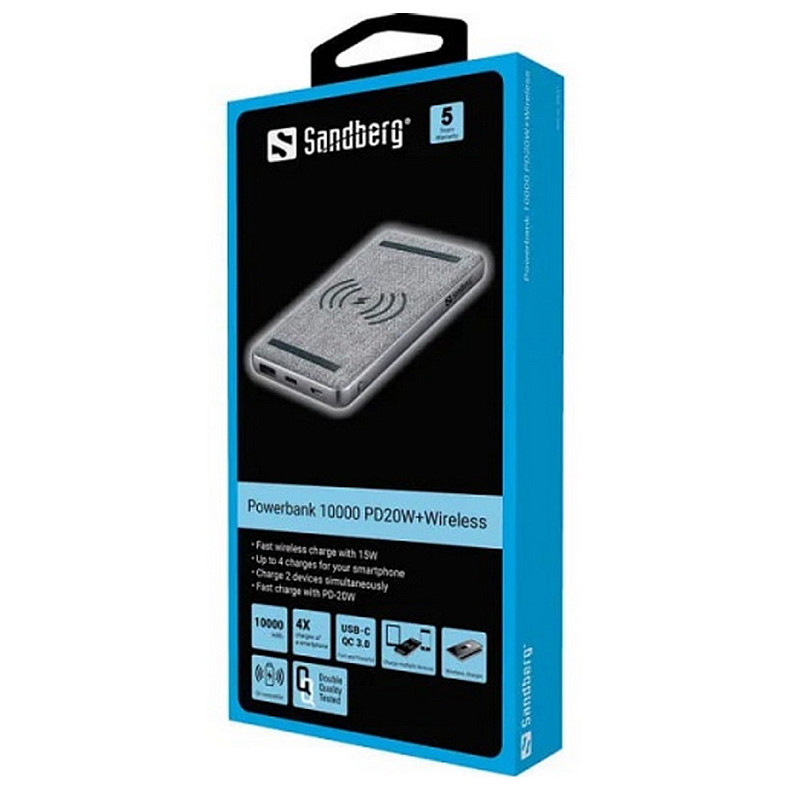 Універсальна мобільна батарея Sandberg PD 10000mAh 20W, Wireless QI 15W, USB-A Type-C OUT