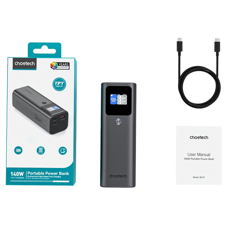 УМБ Choetech 27000mAh 140W IN/OUT, 2xUSB-C PD5.0 USB-A QC3.0 22W, Li-pol, TFT Display, black