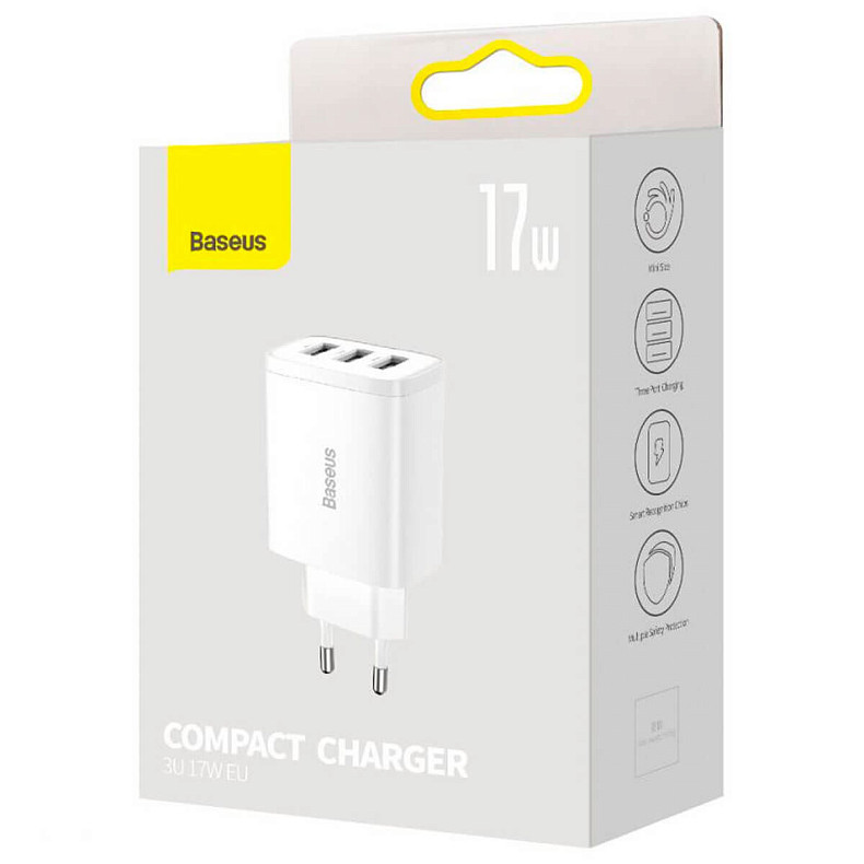 Мережевий зарядний пристрій Baseus Compact  Charger 3U 17W EU White (CCXJ020102)