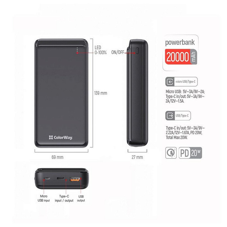 Универсальная мобильная батарея ColorWay Slim 20000mAh Black (CW-PB200LPG3BK-PD)