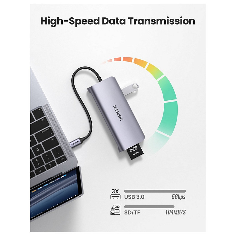 Док-станция USB3.0 Type-C --> HDMI/VGA/USB 3.0x3/RJ45/SD&TF/PD Ugreen CM179 Серая