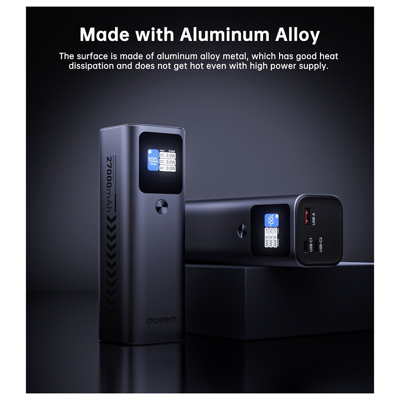 УМБ Choetech 27000mAh 140W IN/OUT, 2xUSB-C PD5.0 USB-A QC3.0 22W, Li-pol, TFT Display, black