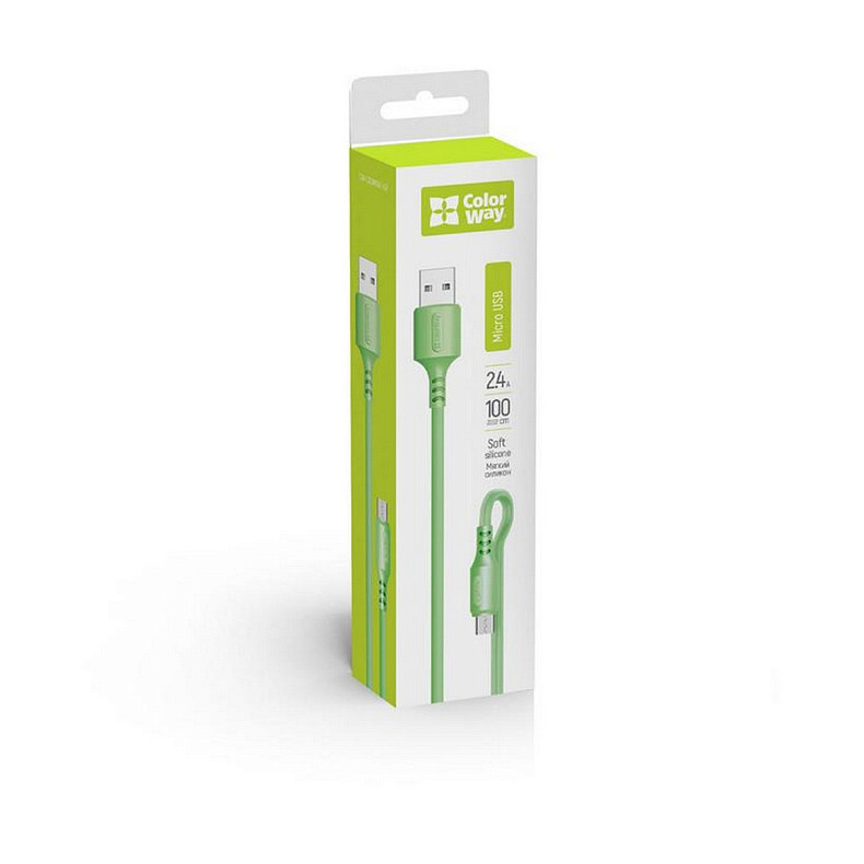 Кабель ColorWay USB-microUSB, soft silicone, 2.4А, 1м, Green (CW-CBUM042-GR)