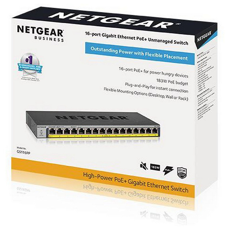 Коммутатор NETGEAR GS116PP 16x1GE PoE+(183Вт), FlexPoE, неуправляемый