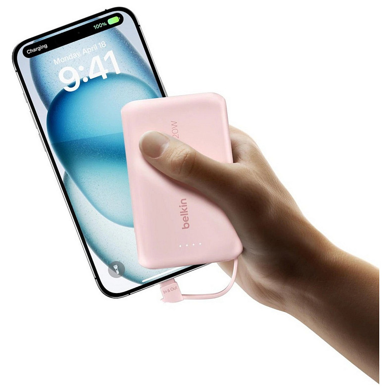 Аккумулятор портативный литий-ионный Power Bank Belkin 10000мА·ч, 20Вт, с интегрированным кабелем USB-