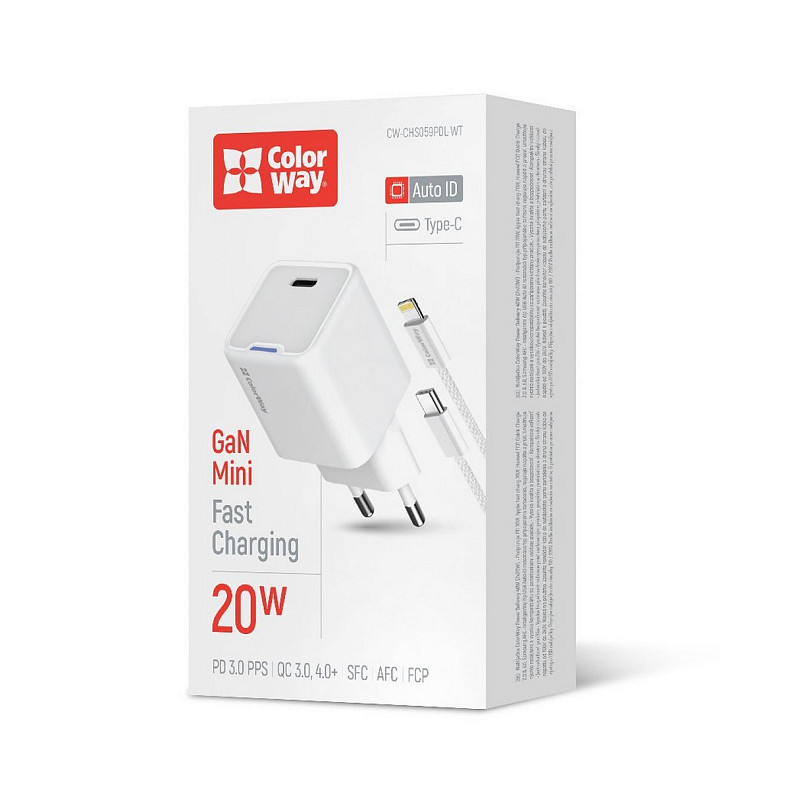 Сетевое зарядное устройство ColorWay GaN Mini 20W PD Port PPS USB-C White (CW-CHS059PDL-WT) + кабель