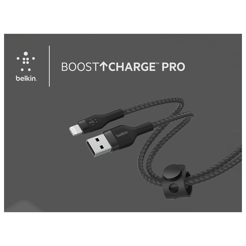 Кабель Belkin USB-A - Lightning плетений, силіконовий, з ремінцем на магніті, 1м, Black