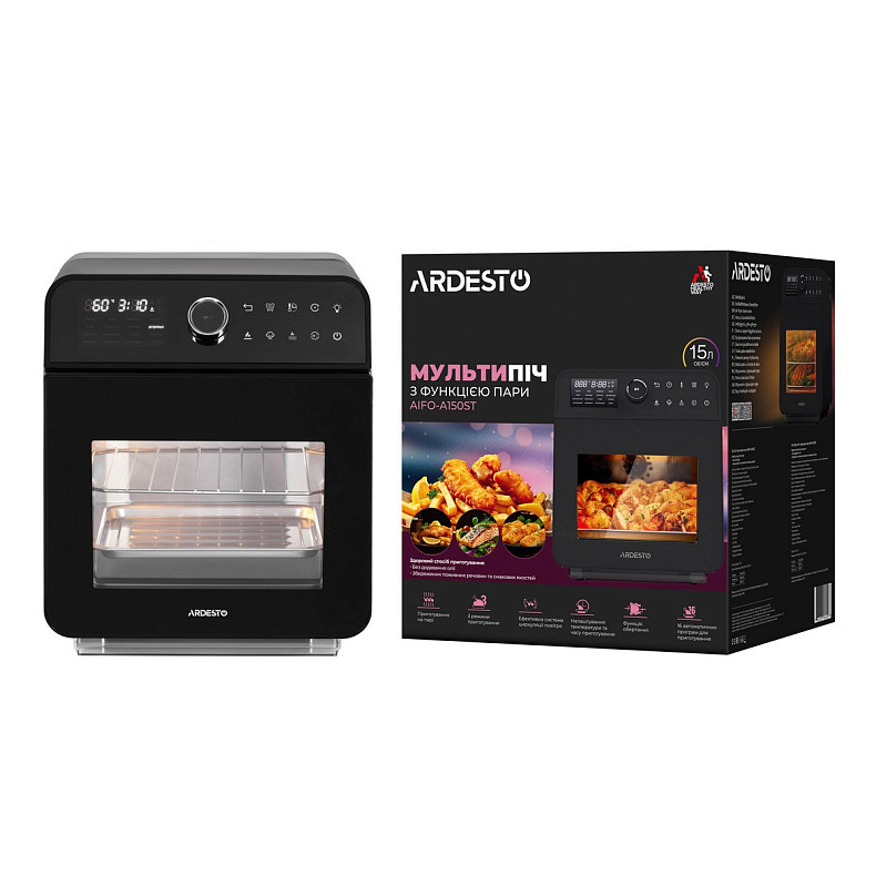 Мультипечь Ardesto, 2250Вт, объем-15л, сенсорное управление, функция приготовления на пару, 40-220°C, ме