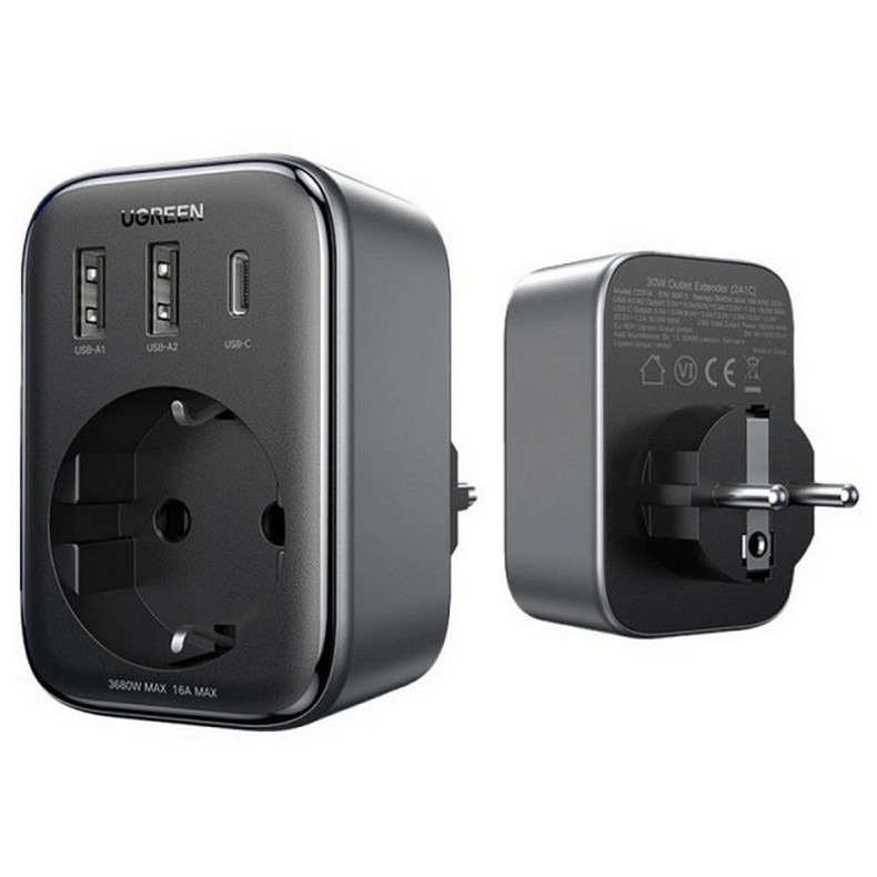 Зарядное устройство Ugreen CD314 30W Outlet Extender (2хUSB-A+USB-C) Black (90613)