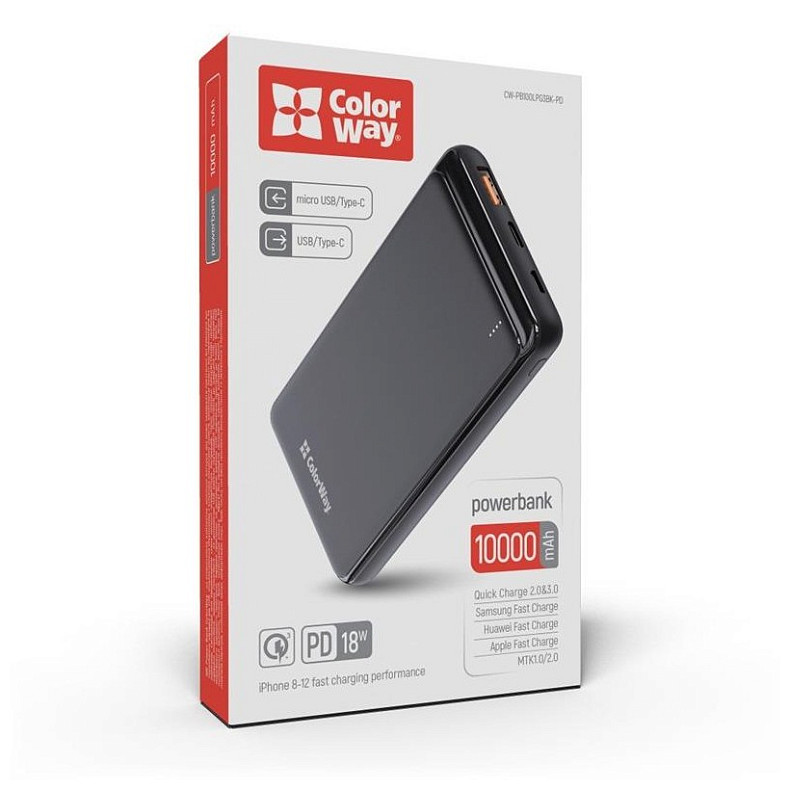 Универсальная мобильная батарея ColorWay Slim PD 10000mAh Black (CW-PB100LPG3BK-PD)