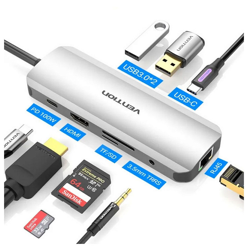 Док-станция USB3.1 Type-C --> HDMI/USB 3.0x2/RJ45/USB-C/SD/TF/TRRS 3.5mm/PD 100W Hub 9-in-1 Vention